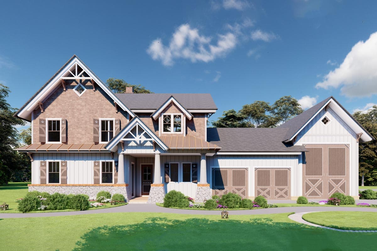House plan exterior. Two-story Modern Farmhouse with gables, a covered porch, and a side-entry garage. Features include board and batten siding.