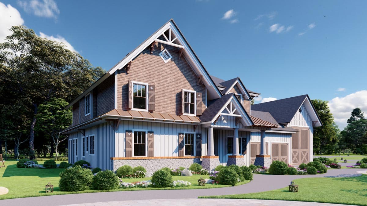 Modern Farmhouse house plan exterior, two stories, with gables, dormers, covered porch, stone base, and detached garage.
