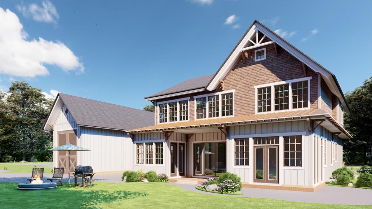 House plan exterior: Modern Farmhouse style, two stories, prominent gables, large windows, and a covered porch.