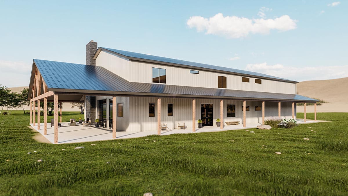 Modern farmhouse house plan exterior with a large covered porch, metal roof, stone chimney, and prominent gables.