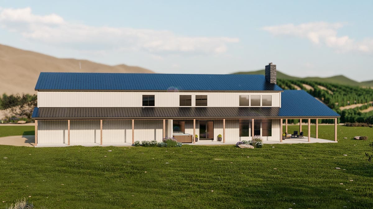 House plan exterior: Modern style, two-story home with a wrap-around porch, metal roof, and prominent chimney.