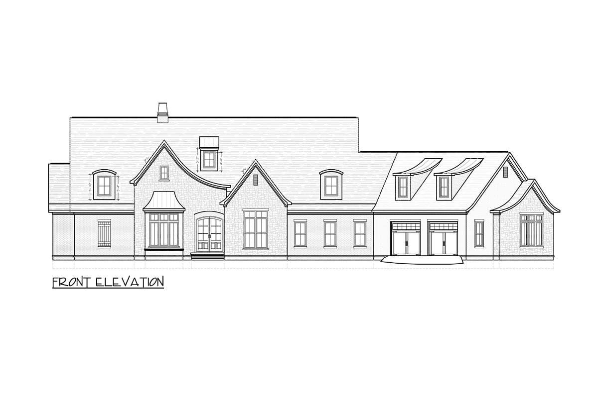 Front elevation drawing of a house with multiple gables, dormers, a bay window, and a side-entry garage.