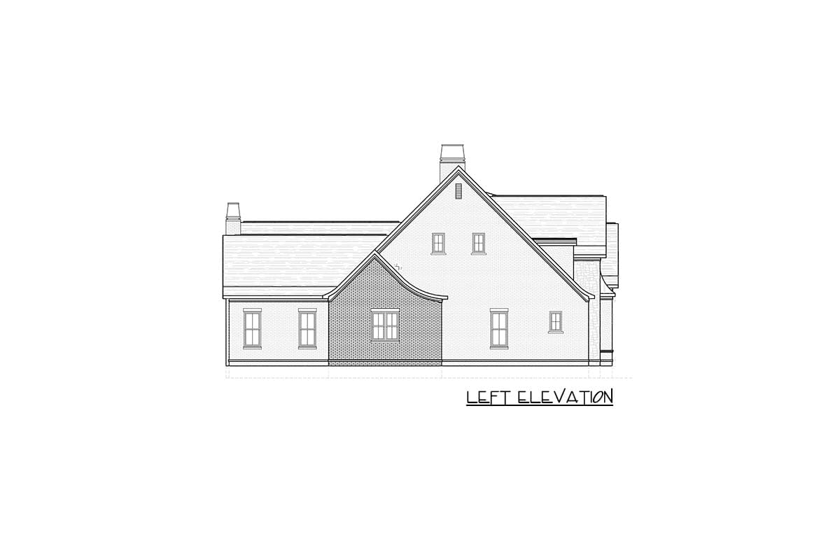 Left elevation house plan showing a multi-story home with gables, dormers, and brick accents.