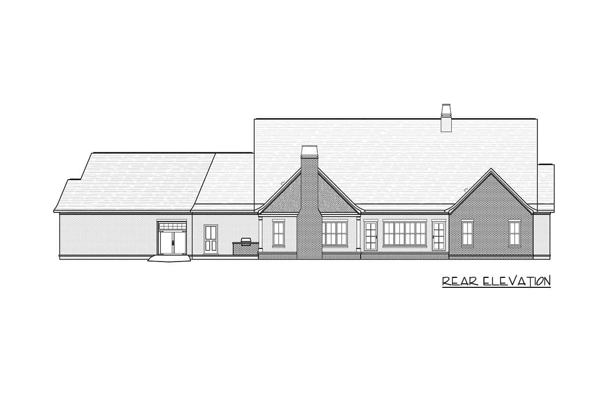 Rear elevation drawing of a one-story house plan featuring a brick exterior, multiple gables, and a prominent chimney.