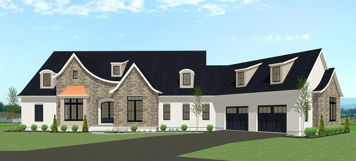 House plan exterior with stone accents, multiple gables, dormers, a covered entry, and a three-car garage.