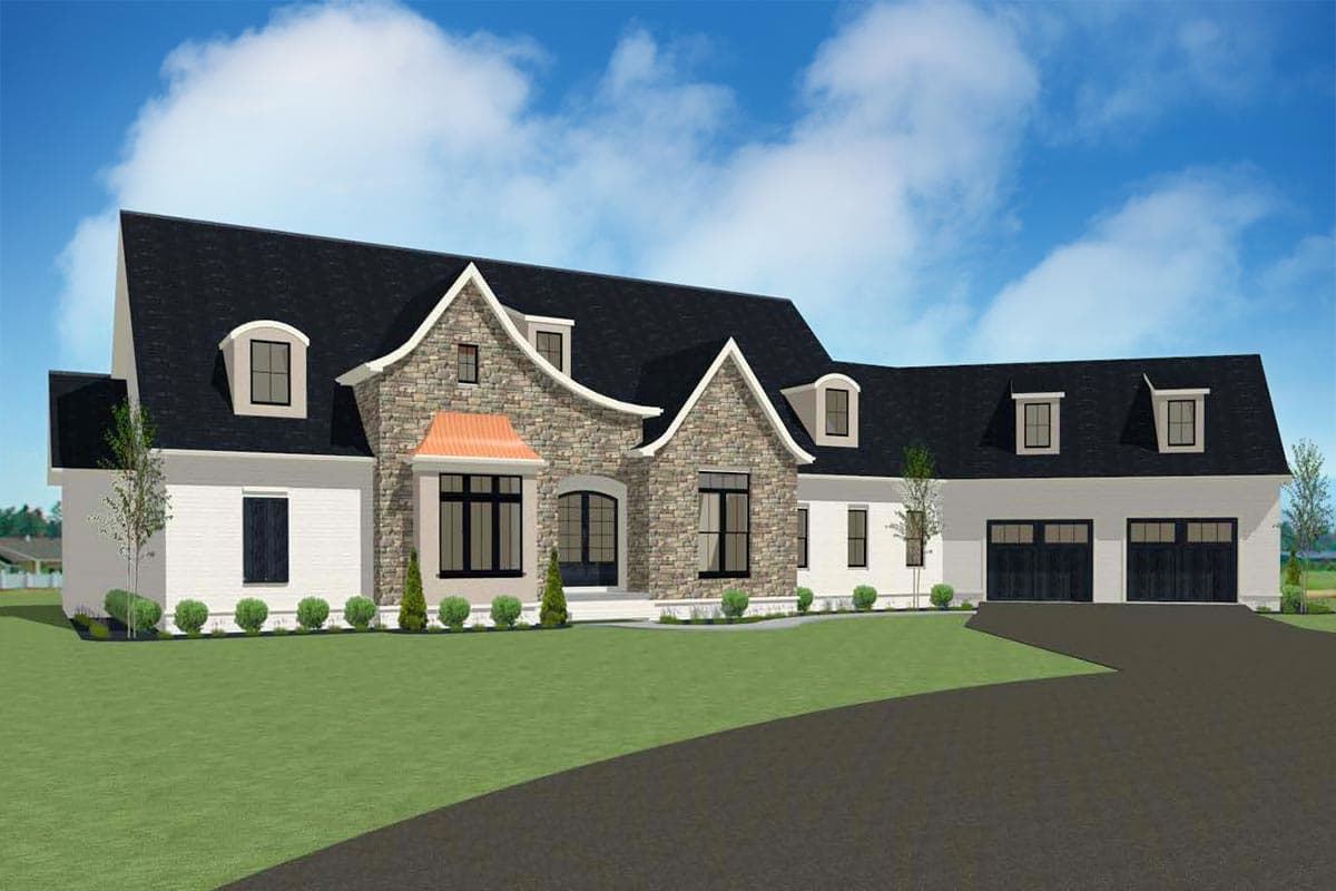 House plan exterior. Two-story home with stone facade, dormers, and a gabled roof. Features include a three-car garage and multiple windows.