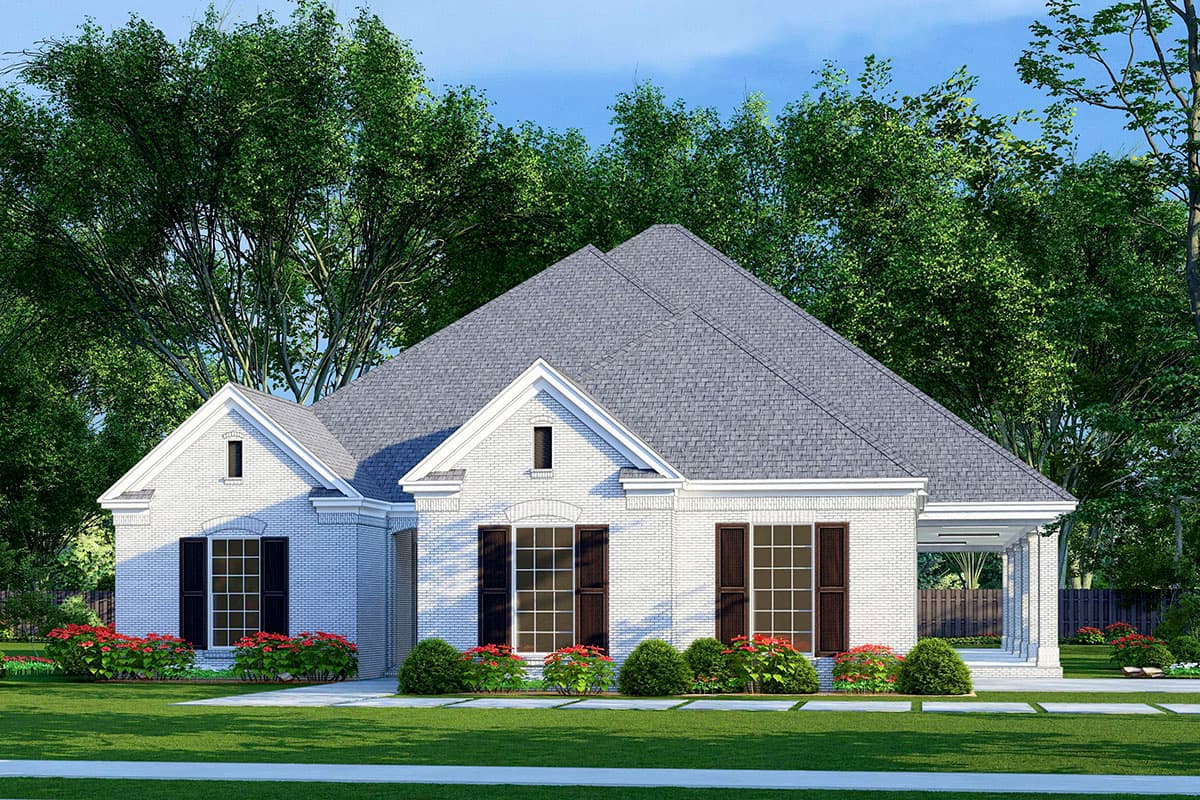House plan exterior. One-story house with gabled roof, brick facade, and covered porch. Features include window shutters and dormers.