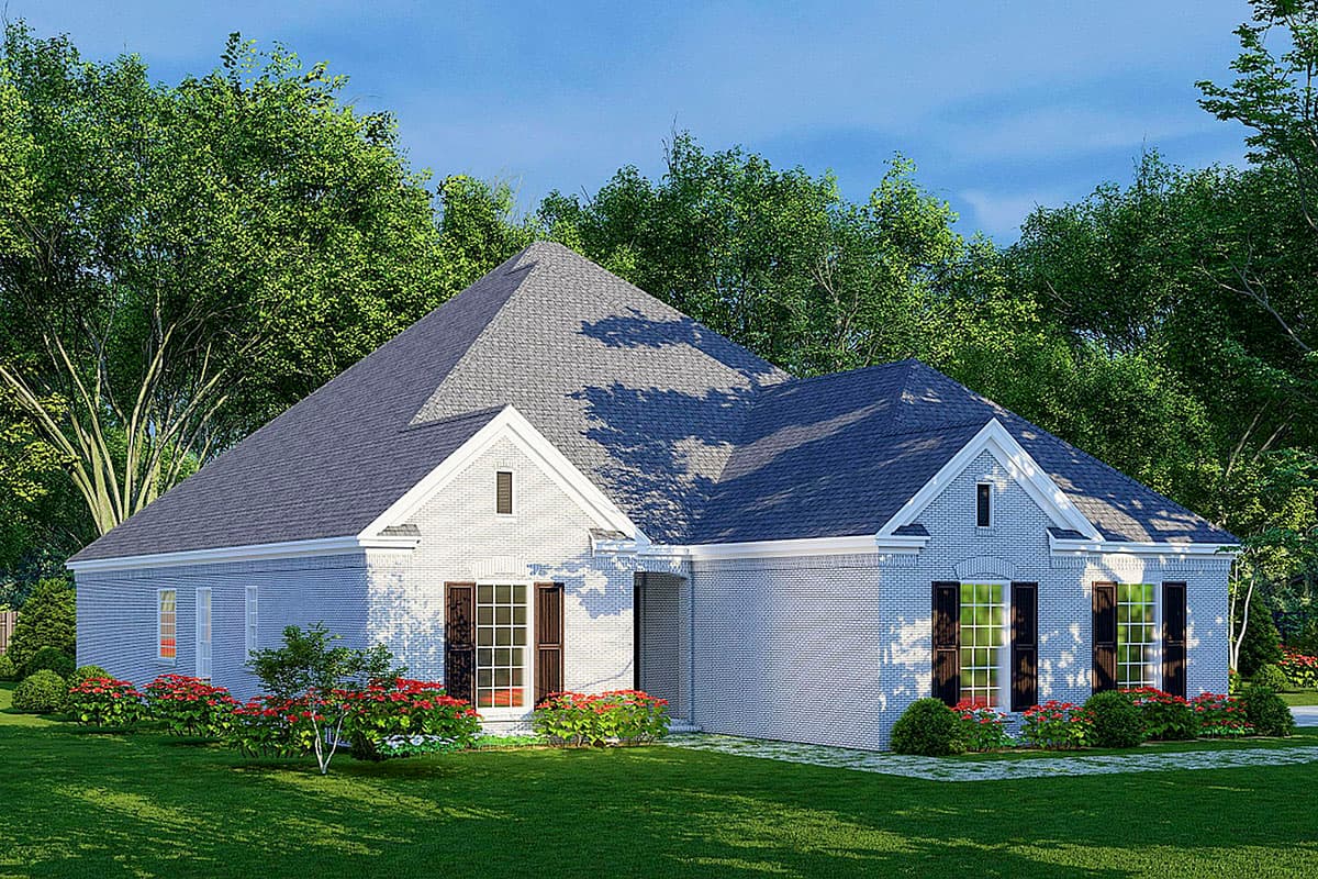 One-story house plan exterior with white brick, gabled dormers, and prominent rooflines.