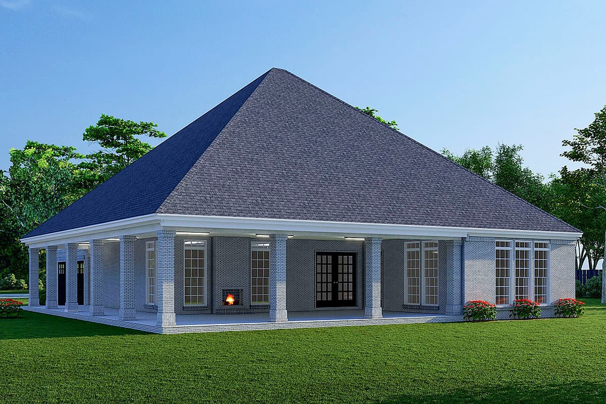 House plan exterior rendering: One-story dwelling with a wraparound porch, brick exterior, double doors, and outdoor fireplace.