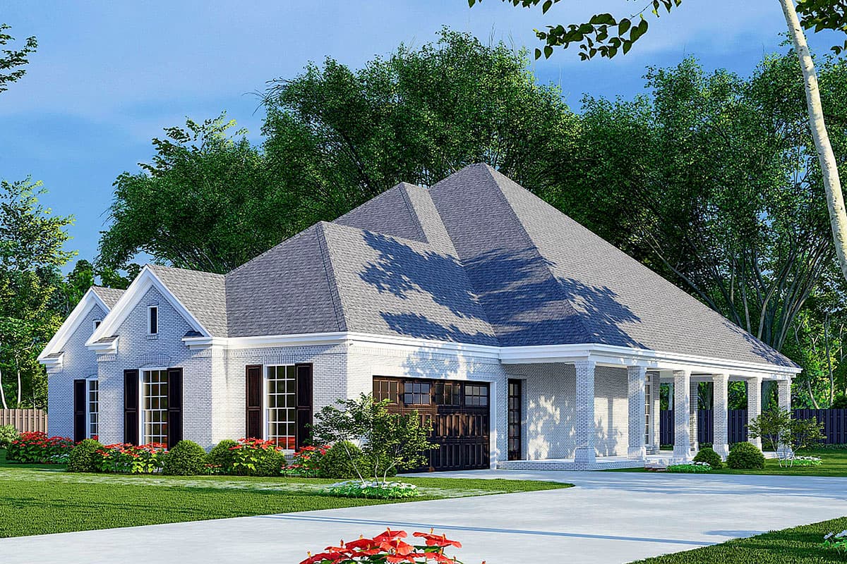 House plan exterior of a single-story brick home with a hip roof, gabled dormers, a wraparound porch, and an attached side-entry garage.