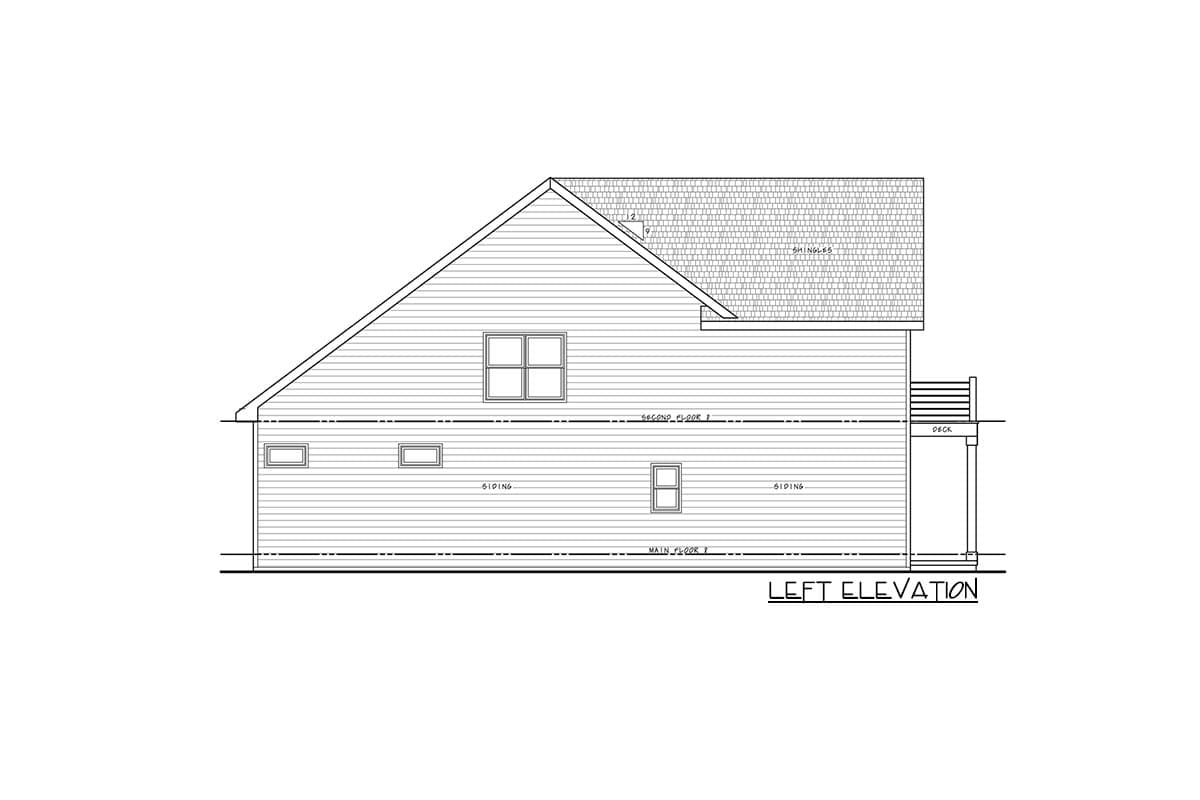 Left elevation drawing of a house plan, showing two stories, siding, windows, and a deck.