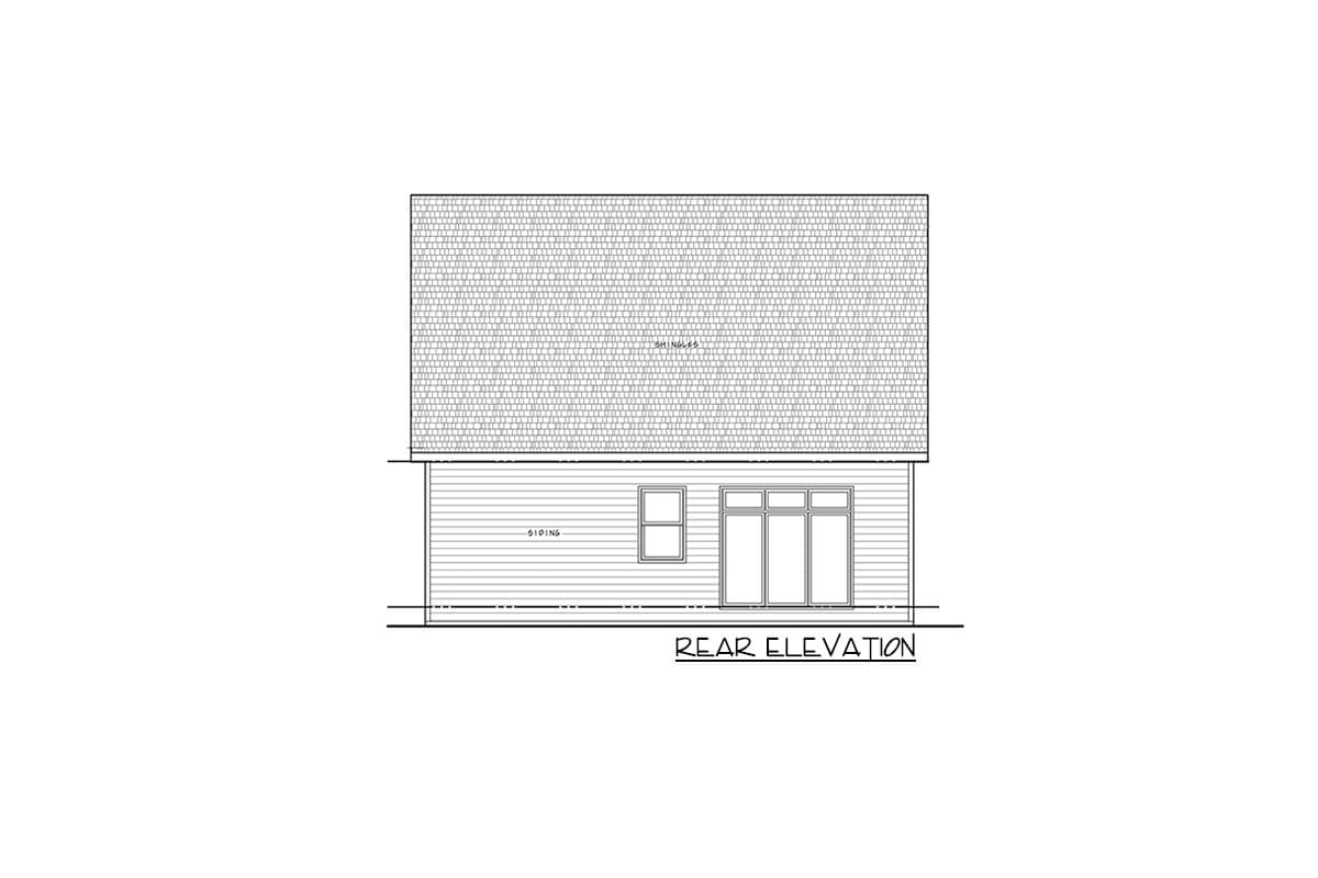 Rear elevation of a house plan showing siding, a single window, and a set of triple windows.