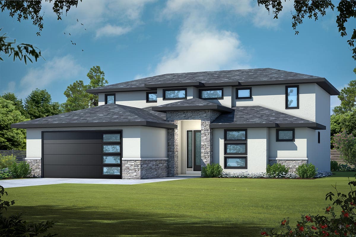 House plan exterior with modern design. Two-story home with a flat roof, stone accents, and an attached garage. Large windows are featured.