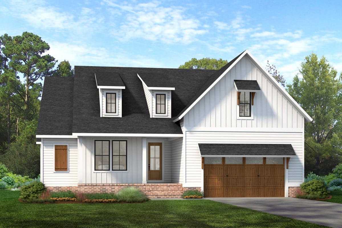 House plan exterior. Modern Farmhouse style, one-story. Features include dormers, gables, and a front-facing garage with wood panel doors.
