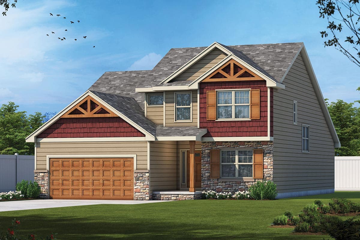 House plan exterior. Two-story home with Craftsman style. Features include gable rooflines, stone facade, and a two-car garage.