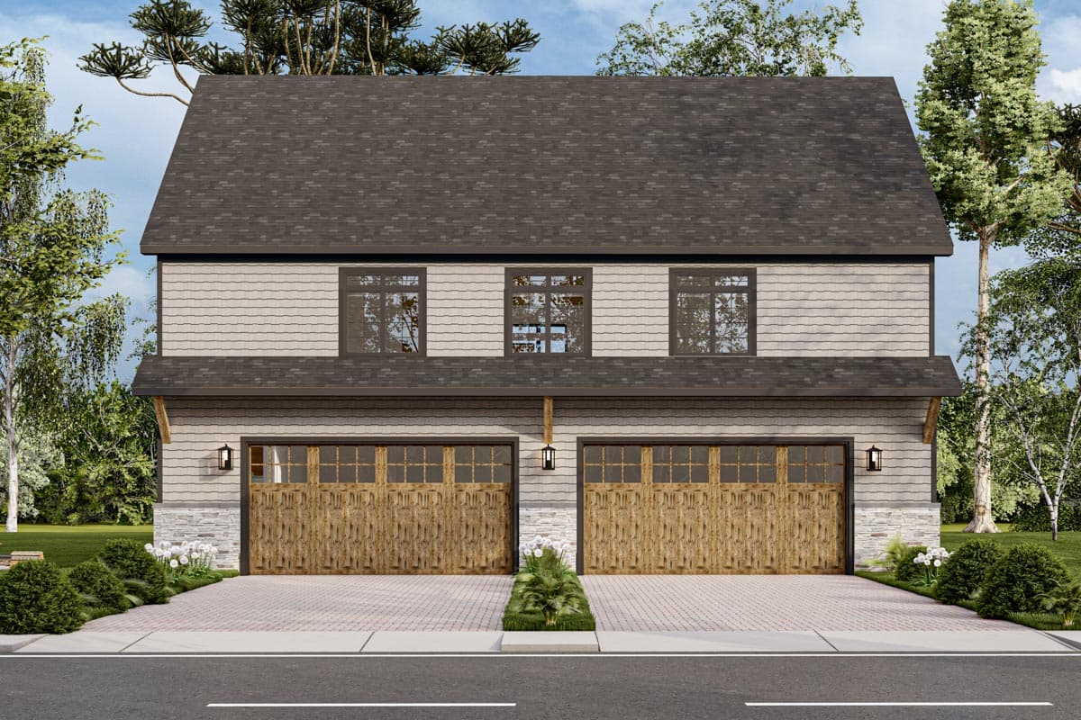 House plan exterior. Two-story with a gable roof, two-car garage, and horizontal siding. Features include wood garage doors and stone accents.