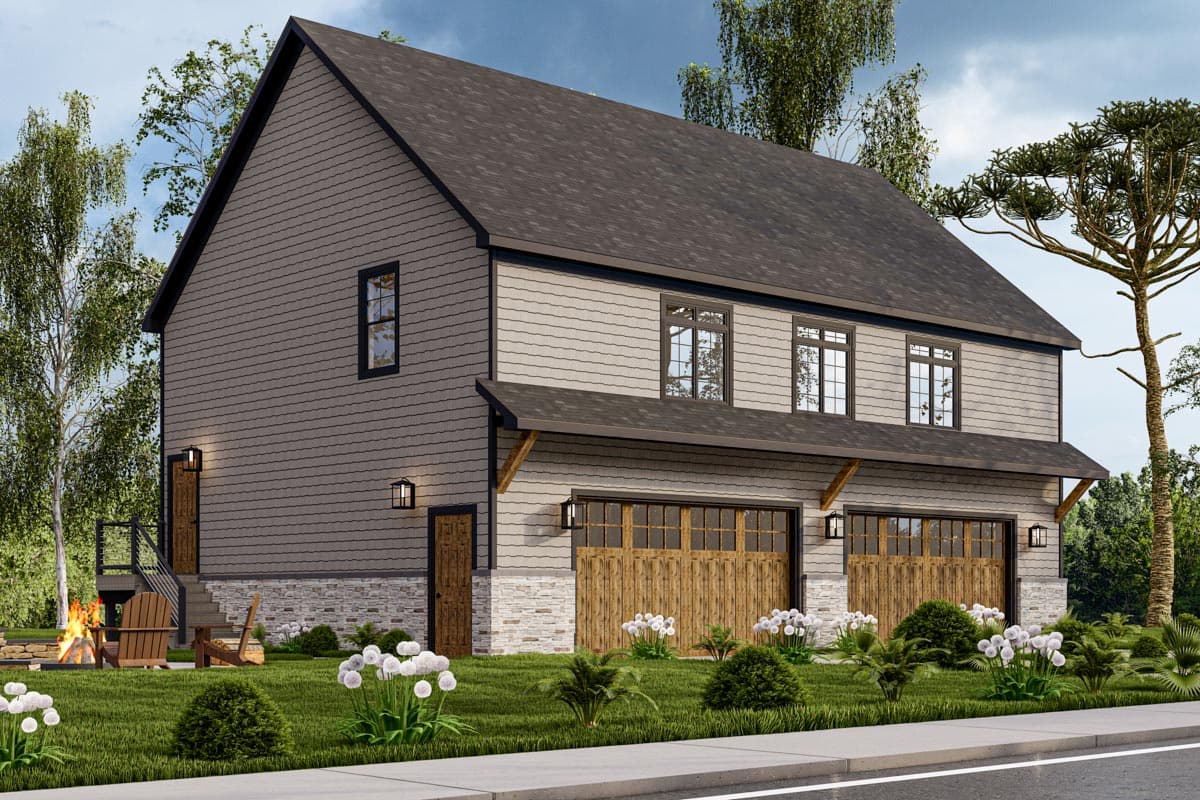 Two-story house plan exterior featuring double garage doors with wood-grain finish, gable roof, and shingle siding.