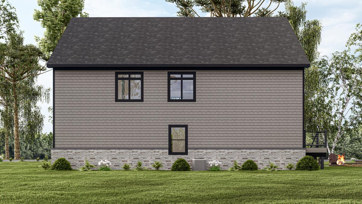 House plan exterior, two stories, shingle siding, stone foundation, and rear deck with railing.