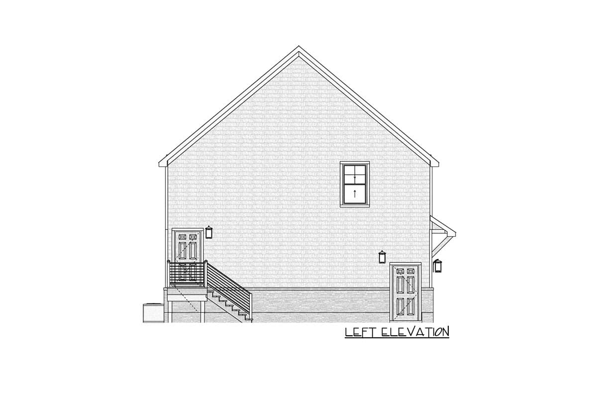 Left elevation drawing of a house plan showing two doors, a window, and a gabled roofline.