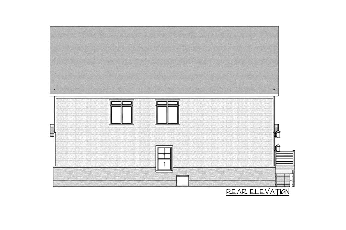 Rear elevation drawing of a two-story house plan featuring shingle siding, multiple windows, and a rear deck.