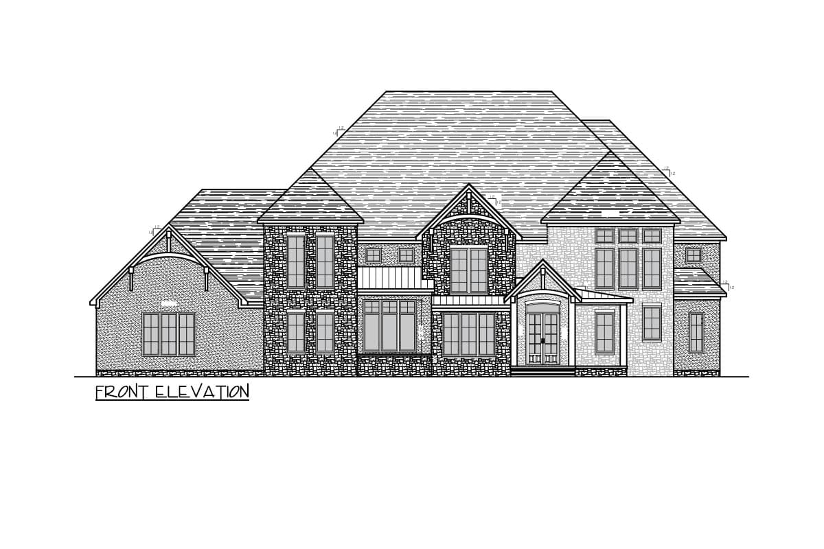 Front elevation of a two-story house plan with stone and brick facade, multiple gables, and a covered entryway.
