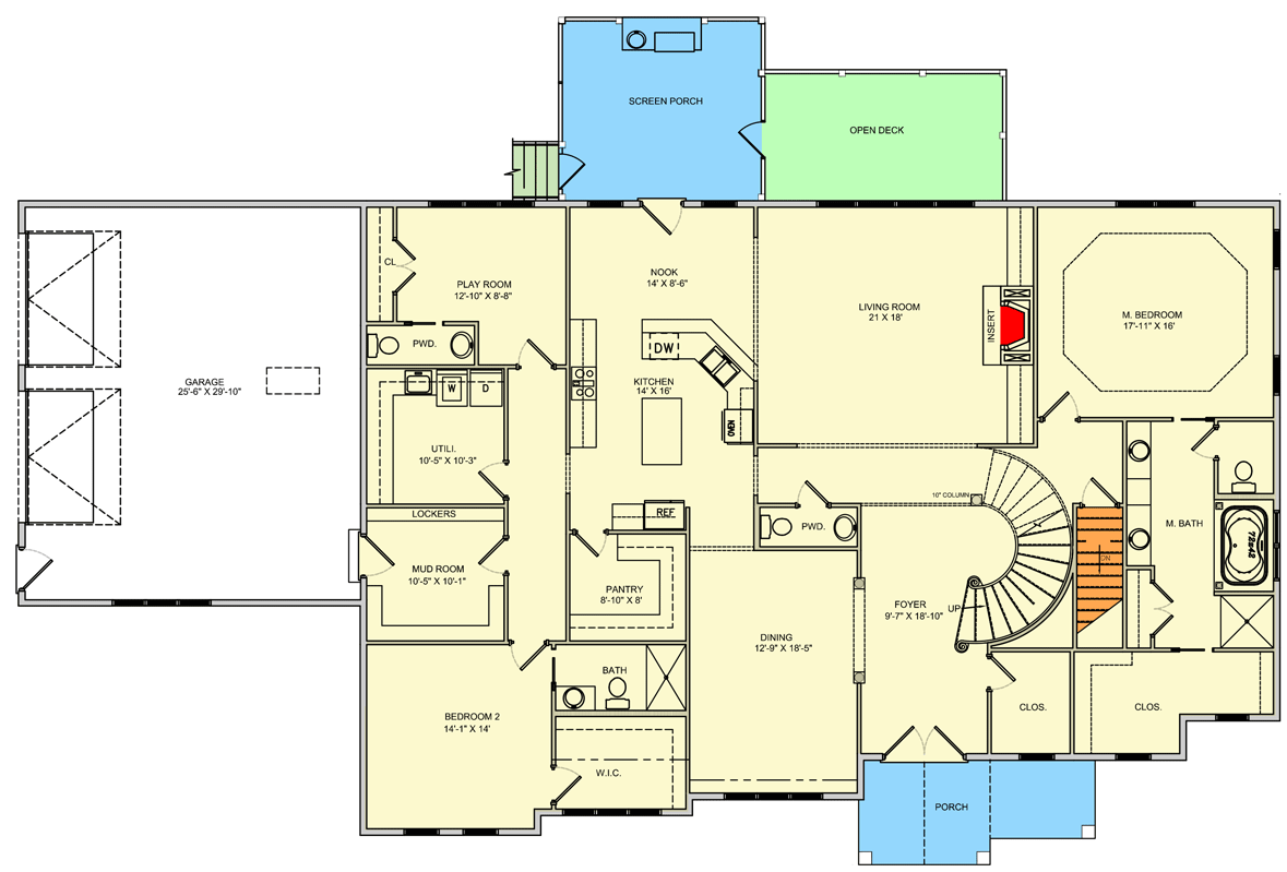 Plan 77648FB: 5-Bed Transitional House Plan with Finished Basement - Floor Plan - Main Level - European, Transitional