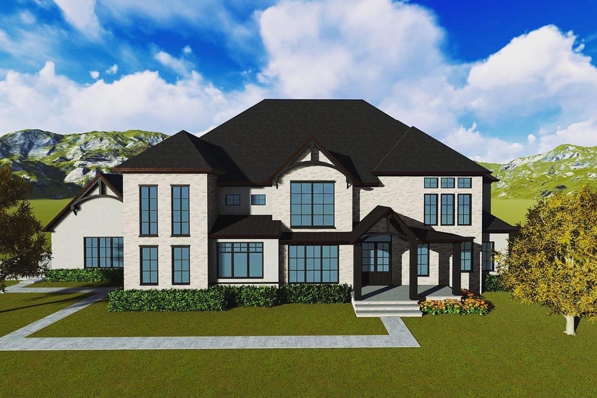 House plan exterior: Two-story home with white brick, prominent gables, dark-framed windows, and a covered front entrance.