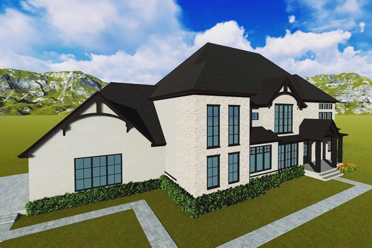 House plan exterior showing a two-story home with a dark roof, brick and stucco facade, covered porch, and multiple gables.