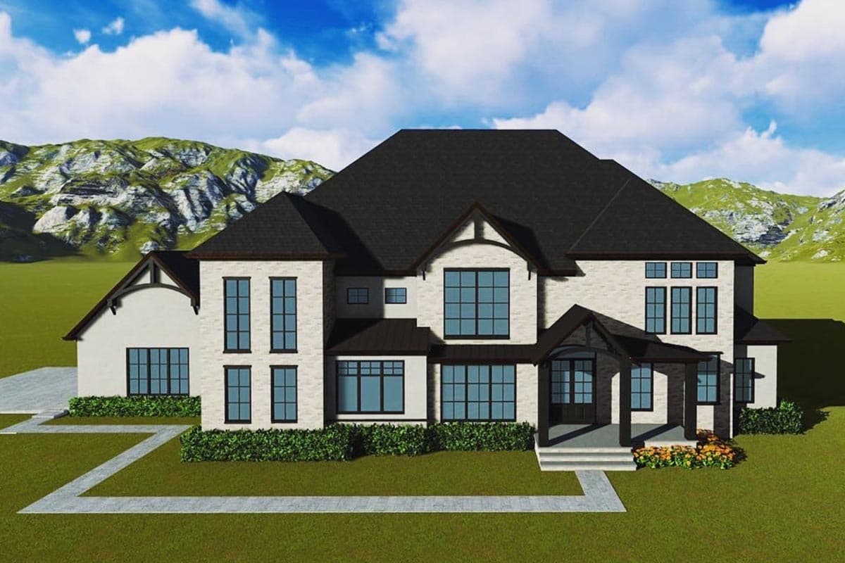 House plan exterior, two stories, stone facade, gabled dormers, dark roof, and covered entry.