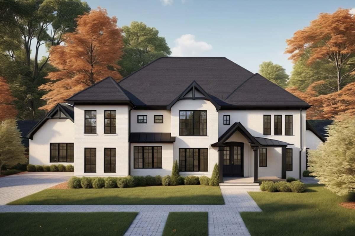 House plan exterior. Two-story with dark roof, front porch with columns, and multiple gables. White brick facade and dark framed windows.