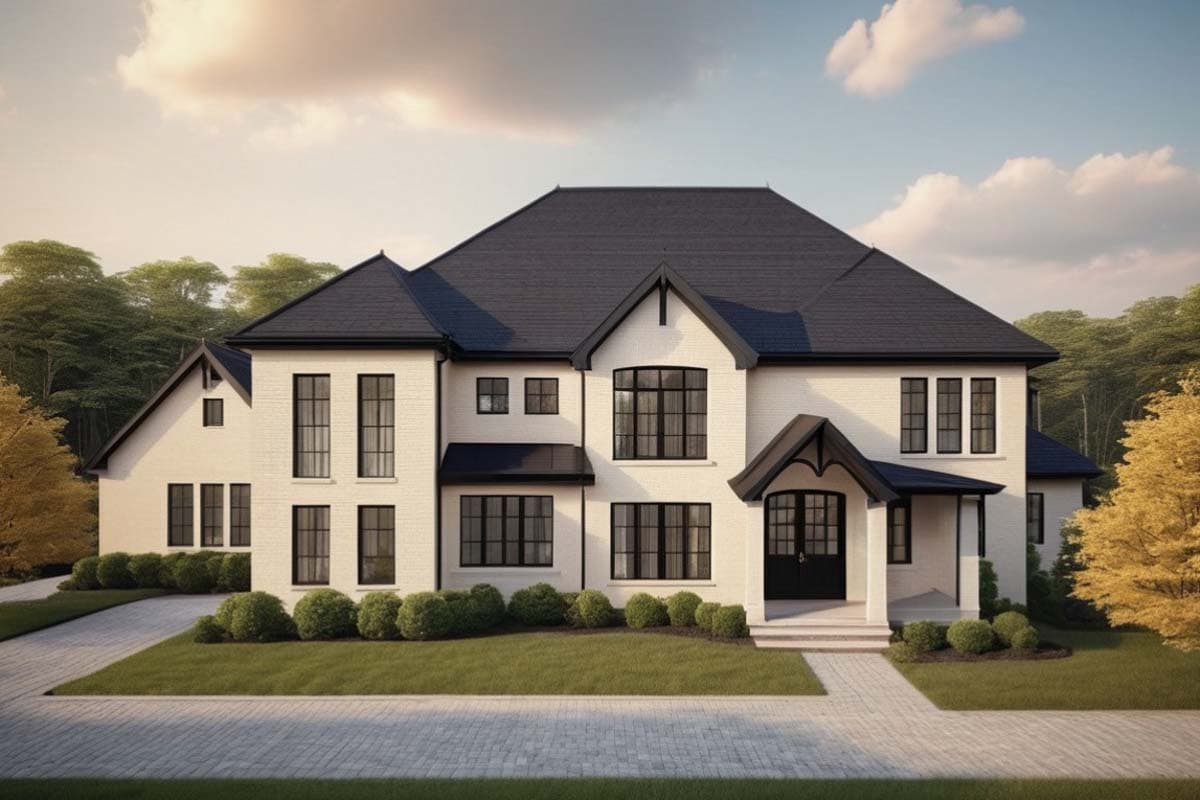 House plan exterior: Two-story white brick home with dark gable rooflines, prominent gables, and large black-framed windows.
