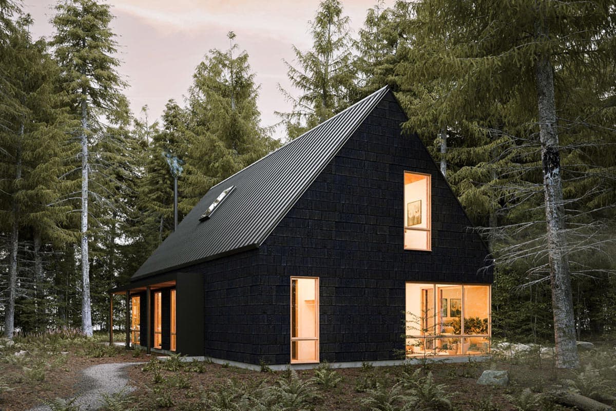 House plan exterior: Modern A-frame cabin with dark wood siding, metal roof, gabled dormer, and large windows.