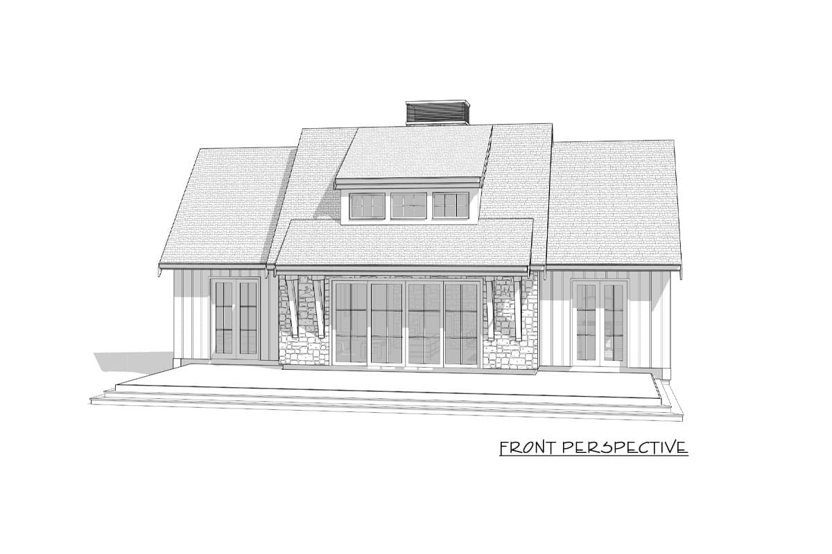 House plan exterior: front perspective shows a 1.5 story home with stone accents, wide siding, large glass doors, and a dormer.