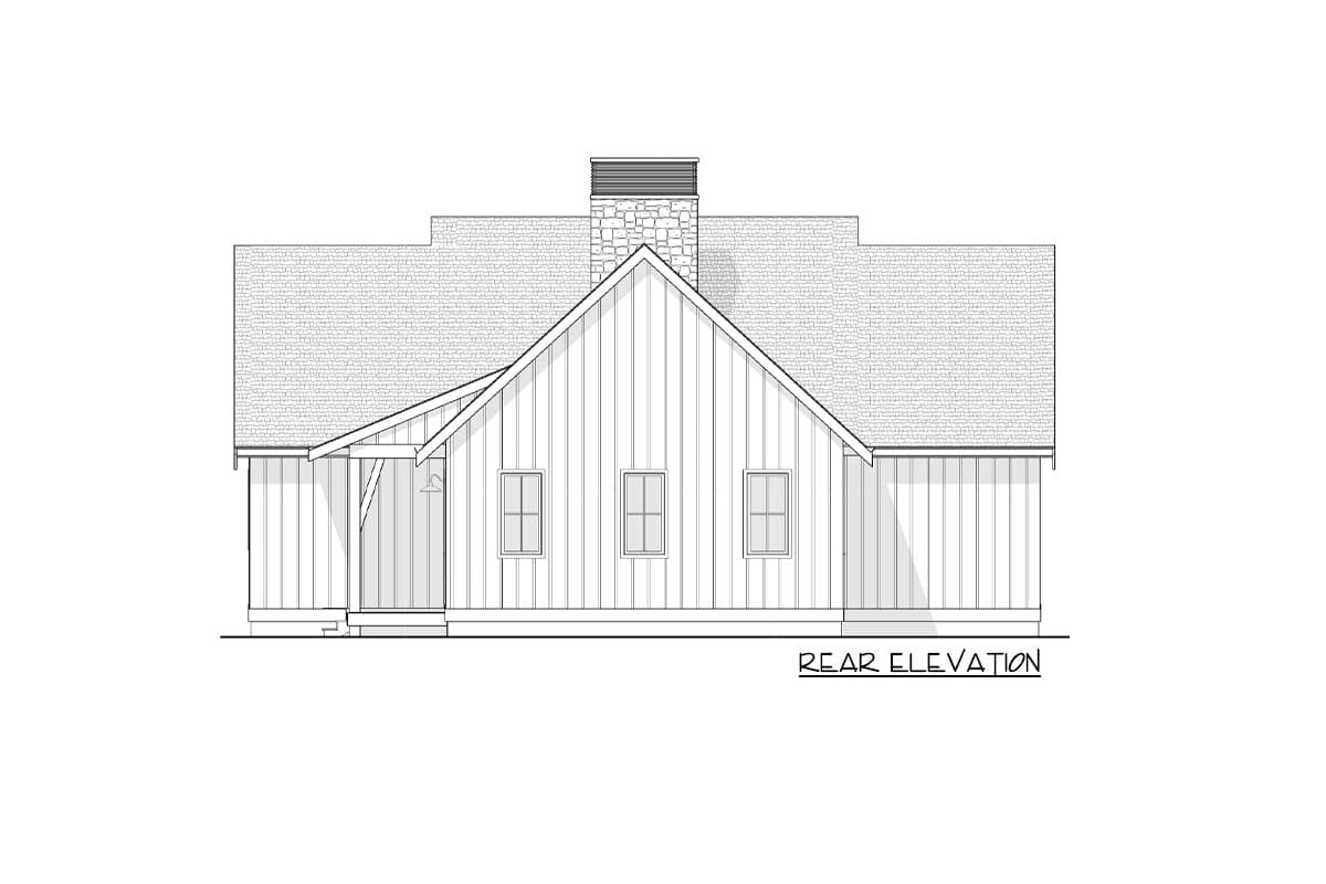 Rear elevation drawing of a house plan featuring vertical siding, a gable roof, stone chimney, and covered entry.