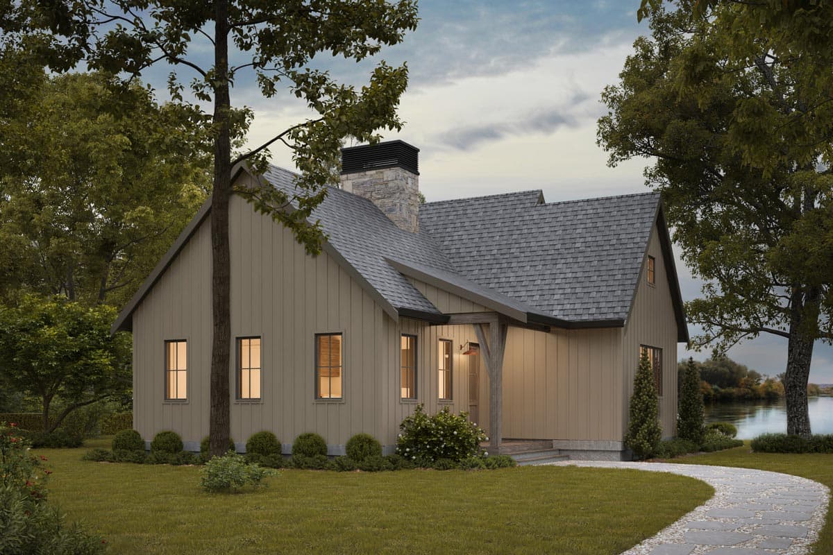 House plan exterior: Craftsman style, one story, stone chimney, gabled roof, and covered entryway with timber post.