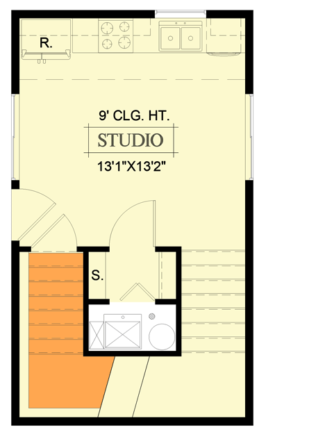 Plan 365022PED: Modern ADU with Full Kitchen, Vaulted Loft and Lower Level Bedroom - Floor Plan - Main Level - Contemporary, Modern, New American, Northwest