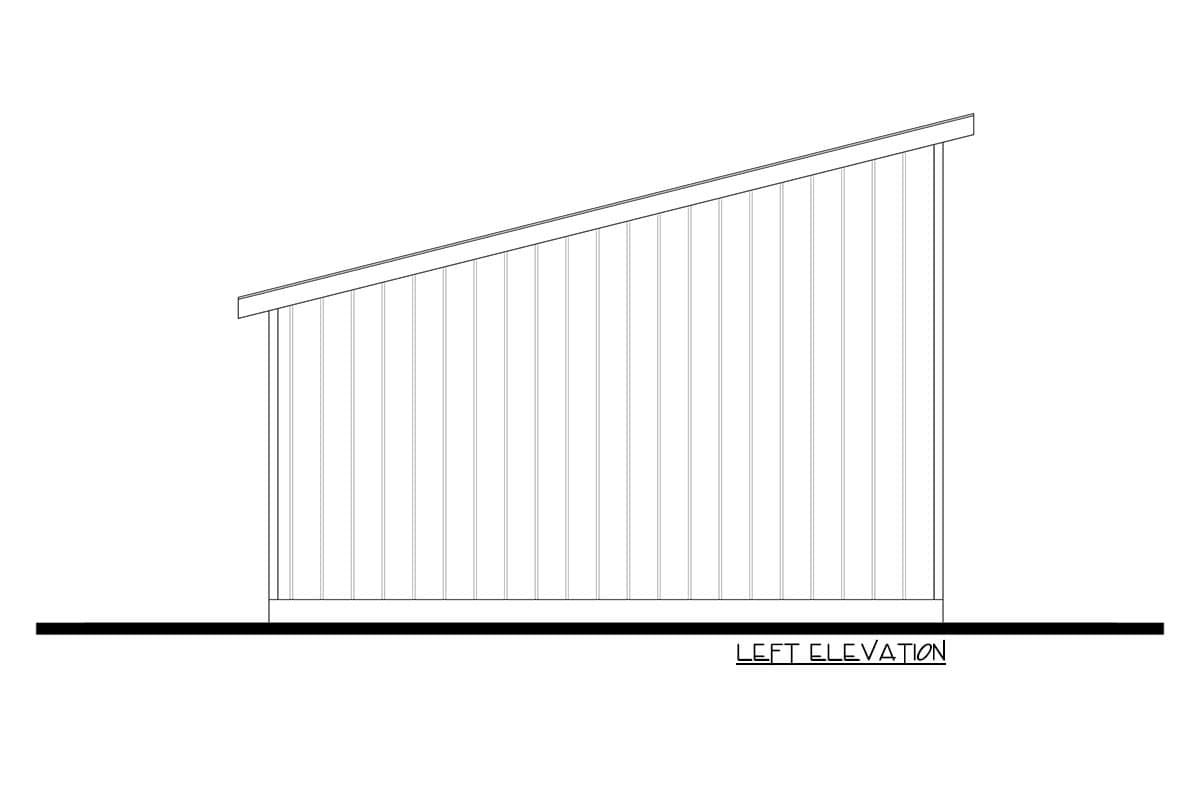 Left elevation drawing of a house with a single-story shed roof and vertical siding.