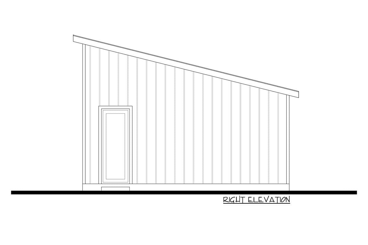 Right elevation drawing of a house plan featuring vertical siding and a shed roof with a single door.