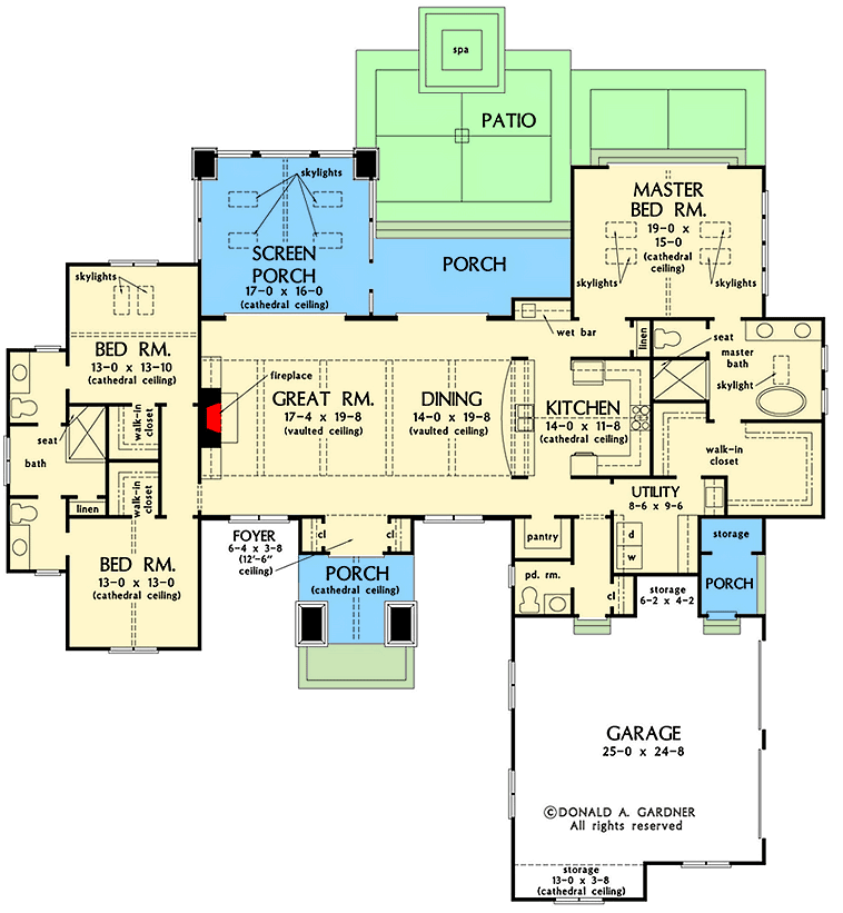 Plan 444278GDN: Modern Ranch with Skylights and Unique Clerestory Dormer - Floor Plan - Main Level - Contemporary, Mid Century Modern, Prairie, Ranch