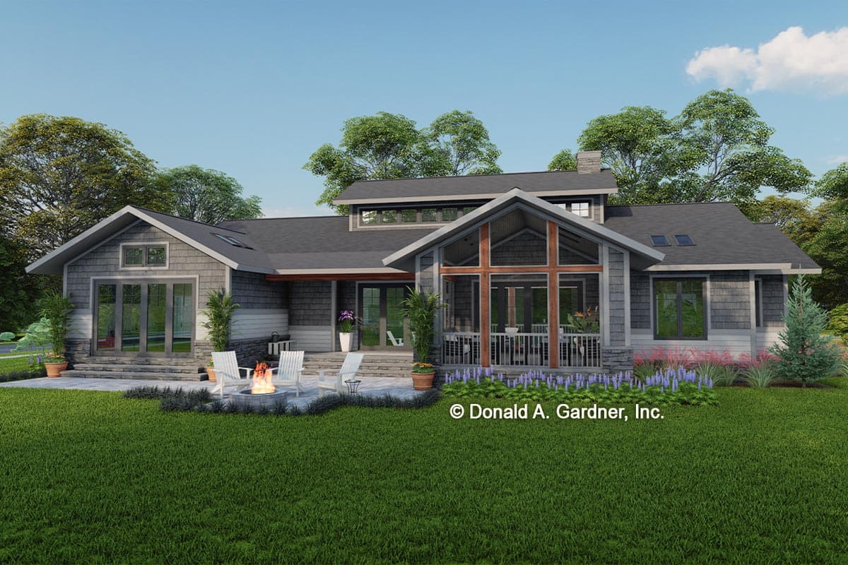House plan exterior: Modern Ranch style, one story, gable roof, large screened porch with timber framing, and multi-panel doors.