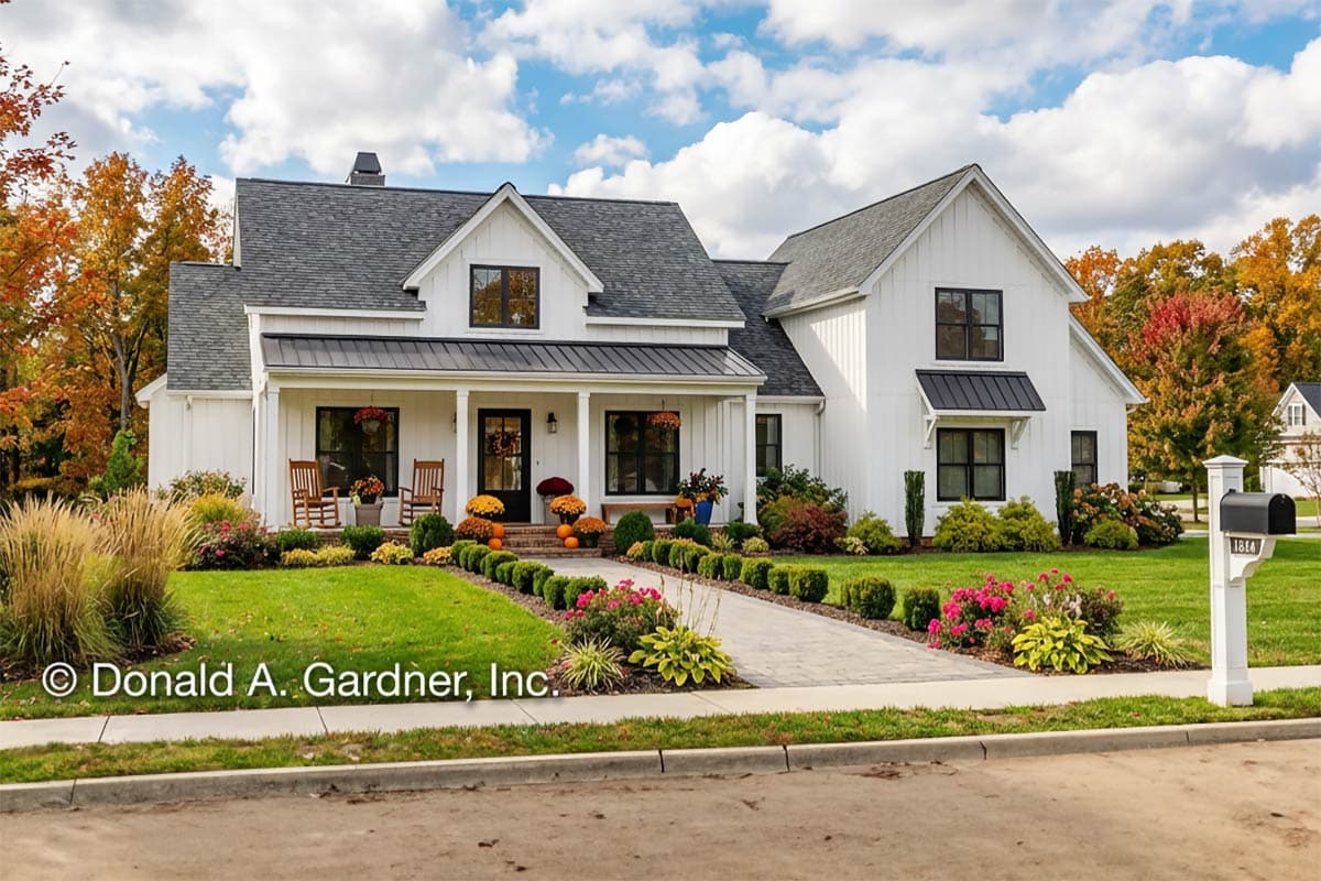 Plan 444279GDN: 4 Bed Modern Farmhouse Under 2400 Sq Ft with Home Office and Bonus Room - Image #1 - Country, Craftsman, Farmhouse, Modern Farmhouse, New American