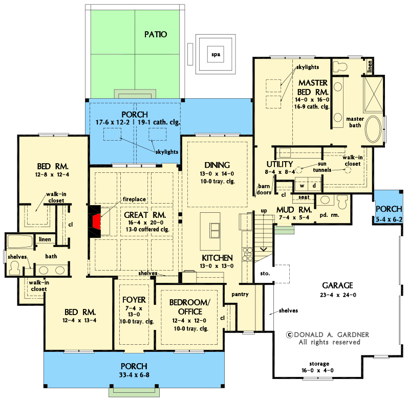 Plan 444279GDN: 4 Bed Modern Farmhouse Under 2400 Sq Ft with Home Office and Bonus Room - Floor Plan - Main Level - Country, Craftsman, Farmhouse, Modern Farmhouse, New American