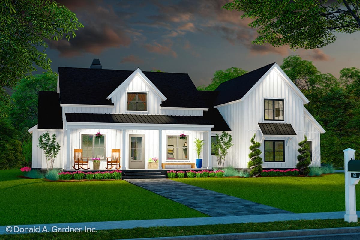 Modern Farmhouse house plan exterior with white board-and-batten siding, black metal roof, covered porch, and multiple gables.