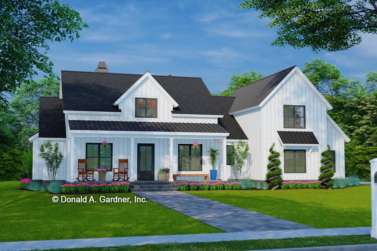 House plan exterior. Farmhouse style, two-story home with a front porch, gables, and a prominent roofline. Features include board and batten siding.