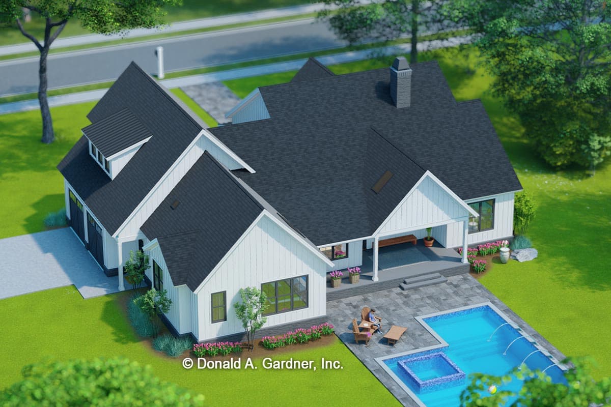 House plan exterior: Modern Farmhouse style, two-story with dormer windows, front-facing garage, gables, and covered porch.