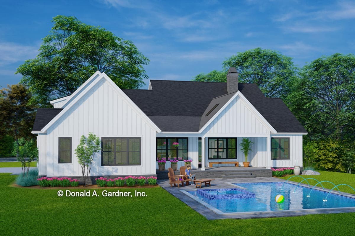 House plan exterior rendering of a one-story Modern Farmhouse with board and batten siding, gables, and a covered rear porch.