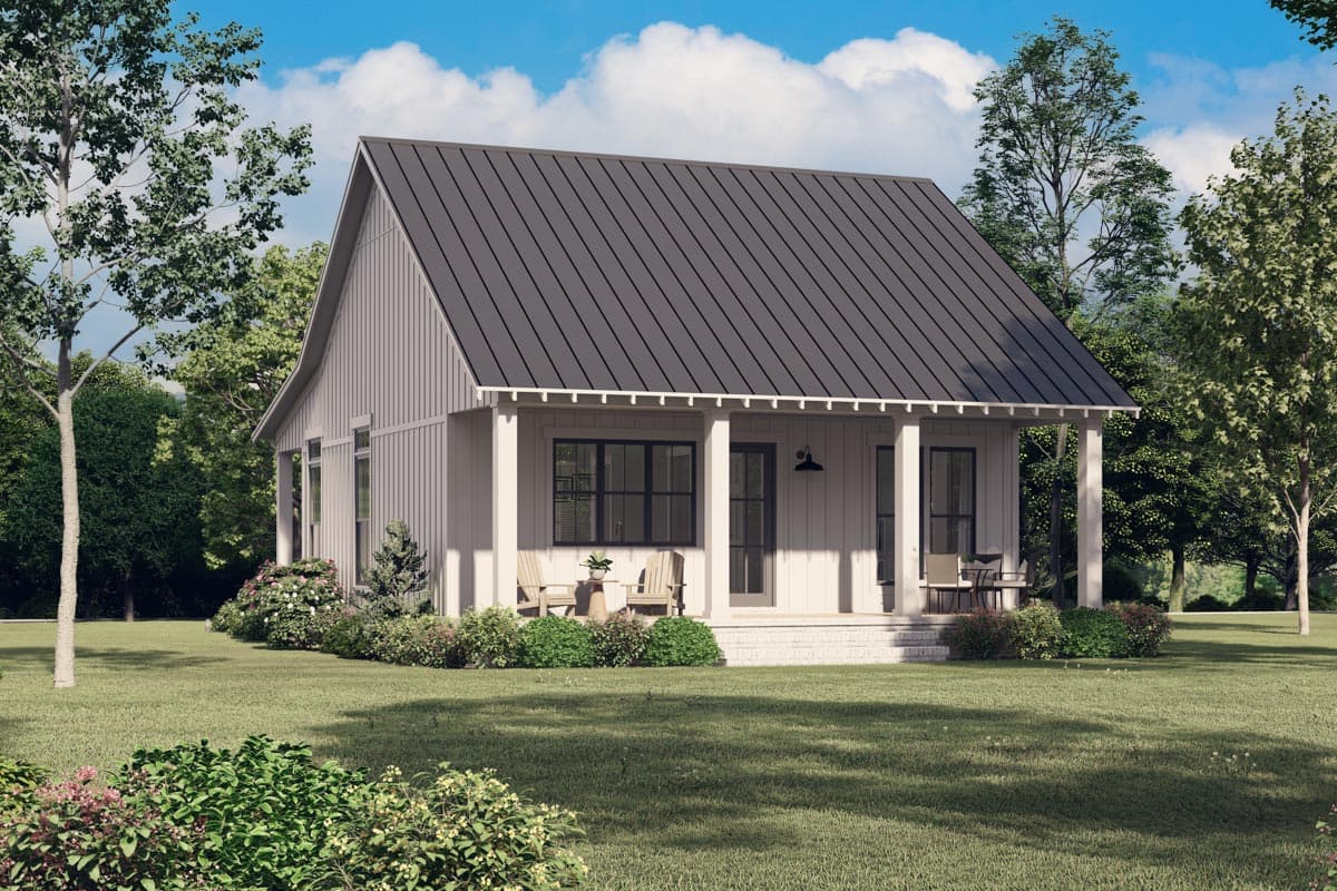 Modern Farmhouse style house plan exterior with a prominent gable roof, board and batten siding, and a covered front porch with square columns.