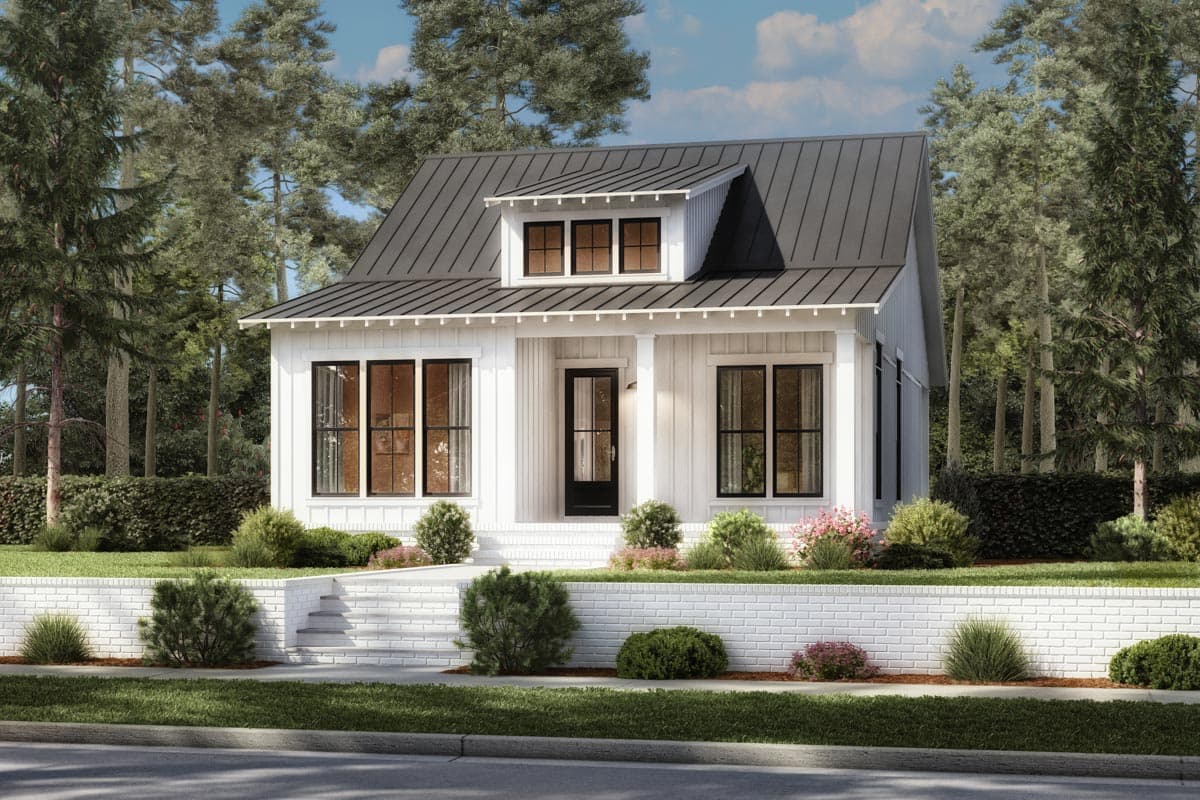 House plan exterior: Modern Farmhouse style, two stories, gable dormer, metal roof, front porch with white columns.