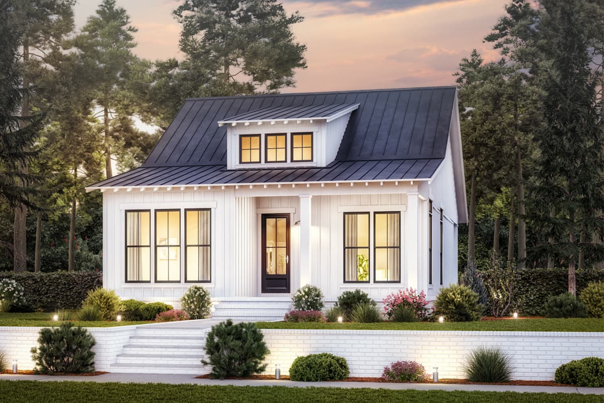 House plan exterior. Modern Farmhouse style, one-story home with dormer, covered porch, and gabled roof.