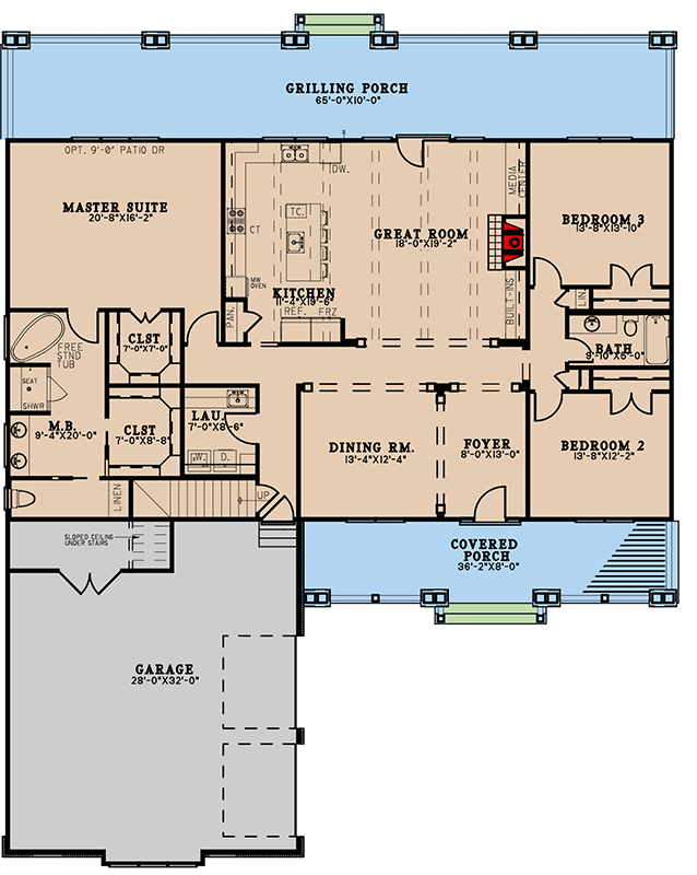 Plan 70746MK: Southern Farmhouse with Expansive Rear Porch and Optional Bonus Room - 2416 Sq FT - Floor Plan - Main Level - Country, Farmhouse, Southern